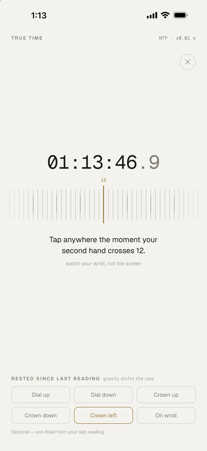 The capture screen: a vernier scale under a true-time readout, ready for a tap