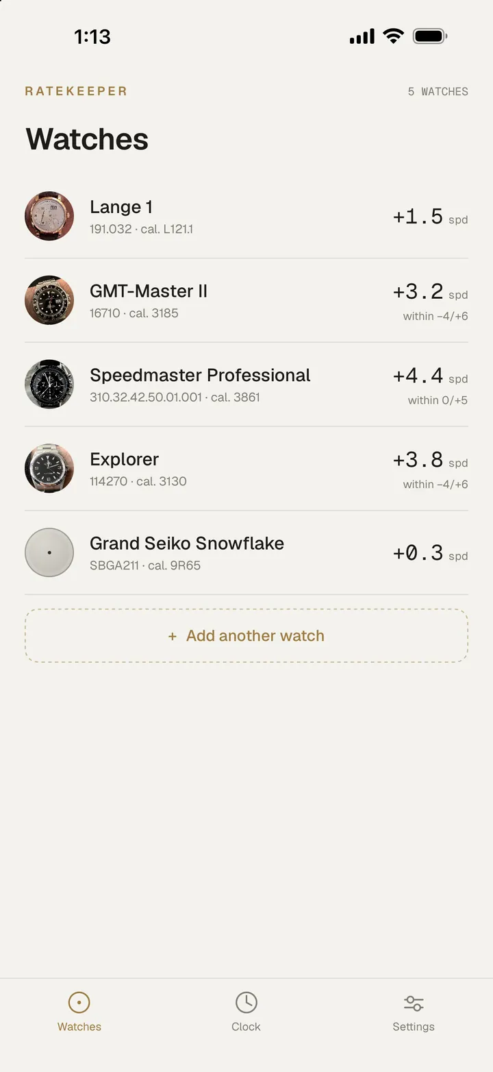 The collection list: five watches, each with its rate in seconds per day